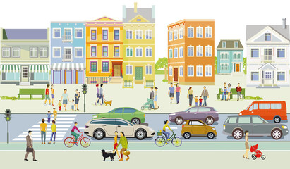 Obraz na płótnie Canvas Vorort mit Fußgänger und Straßenverkehr, Illustration