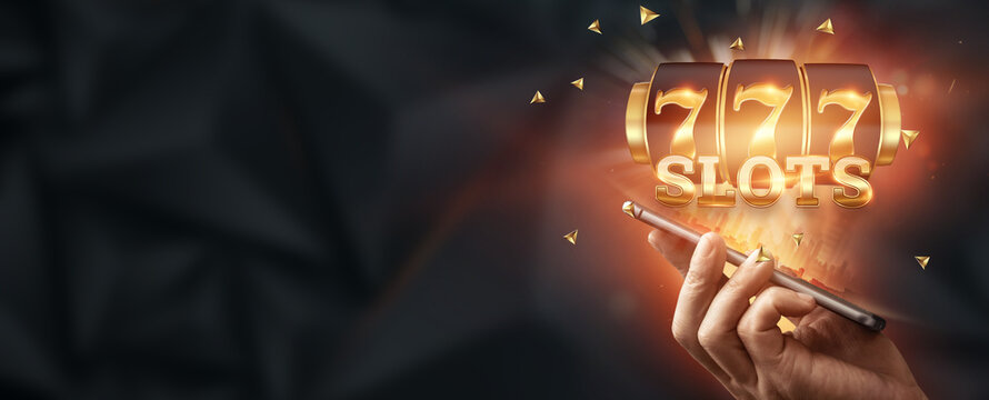 Online casino, smartphone with slot machine with jackpot and gold coins. Online Slots, Lucky Seven 777, Dark Gold Style. Luck concept, gambling, jackpot, banner.