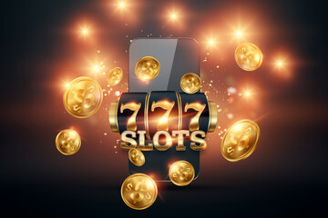 Online casino, smartphone with slot machine with jackpot and gold coins. Online Slots, Lucky Seven 777, Dark Gold Style. Luck concept, gambling, jackpot, banner.