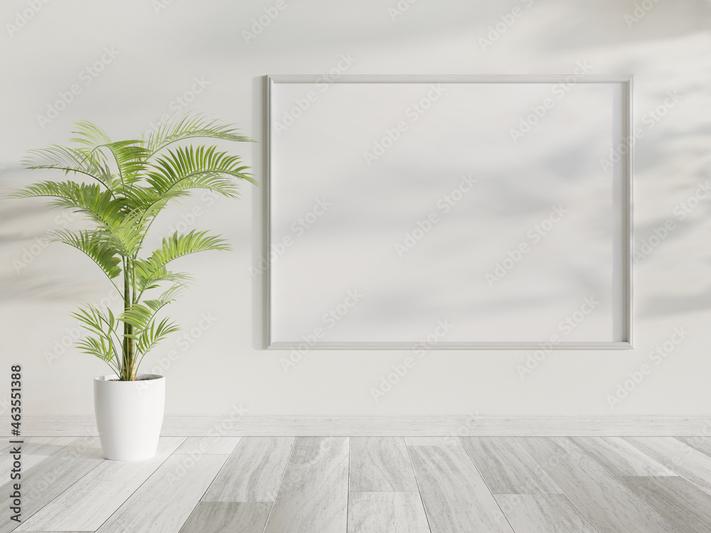 Poster white frame hanging in bright interior mockup. template of a picture framed on a wall 3d rendering