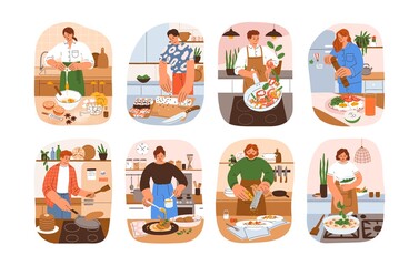 People cook food at home set. Men and women at kitchen table cooking breakfast, lunch, dinner dishes, preparing sushi, pasta, cake and turkey. Flat vector illustration isolated on white background