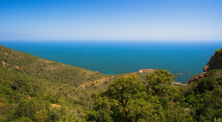 Large panorama on `l'Esterel` hidden gem near Cannes and Antibes. Blue sky and mediterranean sea.