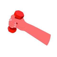 Hand holding a dumbbell, isolated on white background.