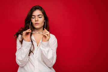 Photo of nice attractive lovely cute winsome sad upset sorrowful brown-haired woman wearing casual outfit isolated on colorful background with empty space