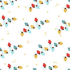 Christmas seamless pattern with colorful garlands of light bulbs on a white background. Festive background for printing on paper, fabric, textiles, packaging.