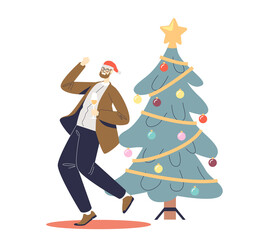 Happy man celebrate new year dance and drink champagne at decorated xmas tree on corporate party