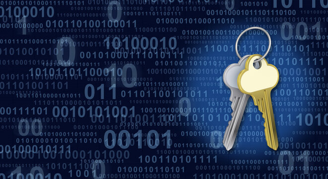 デジタルデータのセキュリティイメージ、鍵、デジタル背景