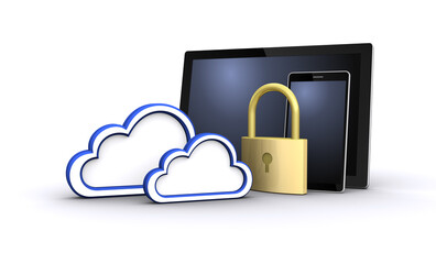 クラウドコンピューティングのセキュリティイメージ、クラウドアイコン、南京錠、スマートフォン、タブレット