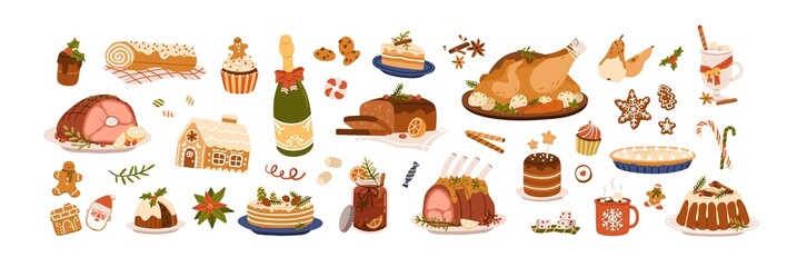 Christmas food set. Festive dishes for winter holiday meal. Turkey, sweet desserts, pie, gingerbread, hot drinks and other treats for Xmas party. Flat vector illustration isolated on white background