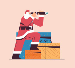 santa claus looking through binoculars happy new year merry christmas holiday celebration concept