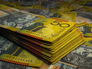 Australian money. Australian dollar banknotes. 50 AUD dollars bills.