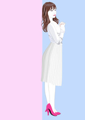 壁にもたれかかる長い髪の女性