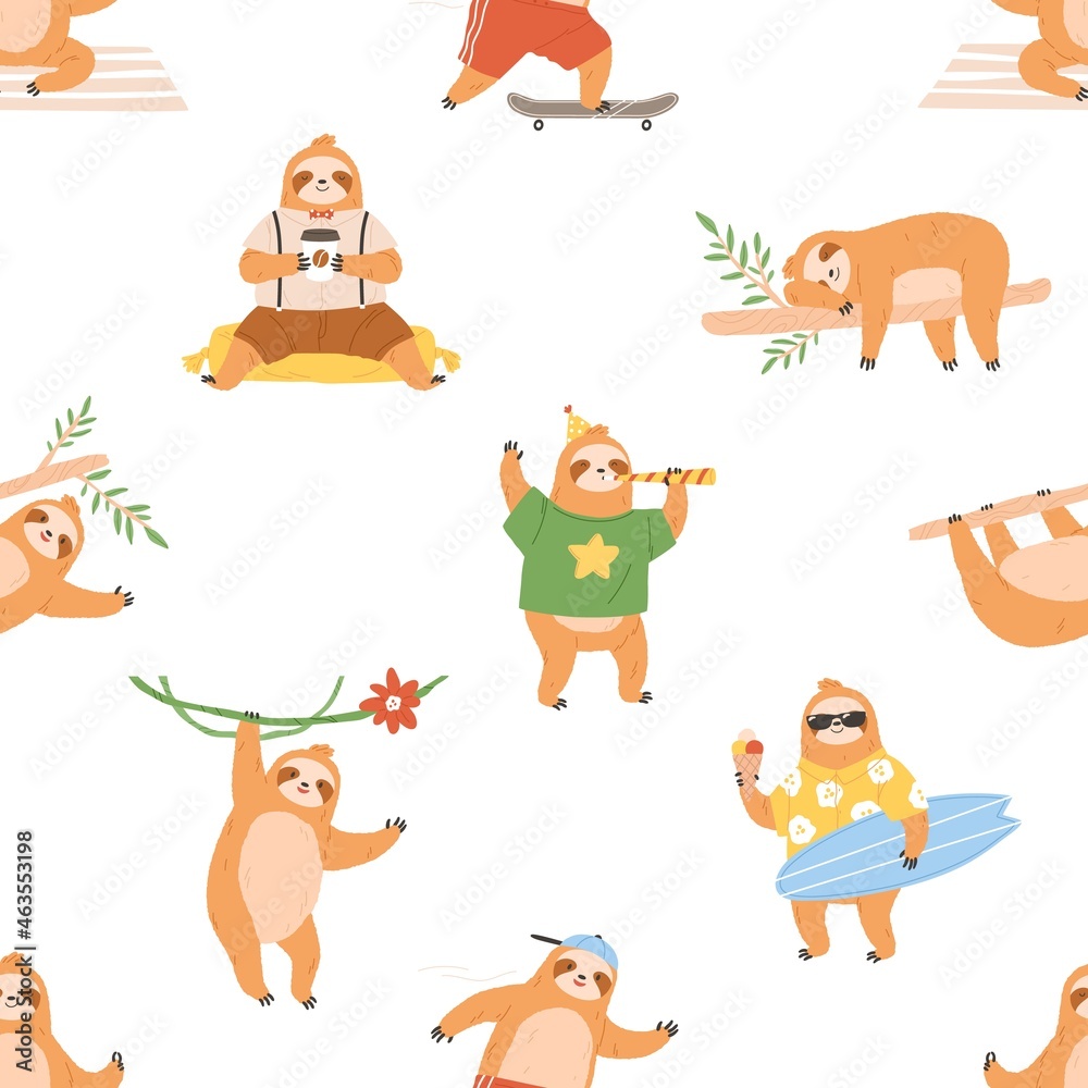 Poster Seamless pattern with cute sloths. Repeating background with lazy funny baby animals. Endless print. Childish texture with happy adorable characters. Colored flat vector illustration for decoration