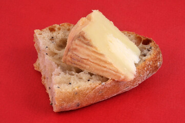 Fromage de brebis Corse sur un morceau de pain en gros plan sur fond rouge