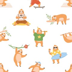 Fototapeta premium Seamless pattern with cute sloths. Repeating background with lazy funny baby animals. Endless print. Childish texture with happy adorable characters. Colored flat vector illustration for decoration