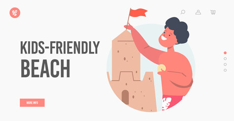 Kids Friendly Beach Landing Page Template. Boy Character in Swimwear Playing on Sea Beach Building Sand Castle
