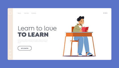 Education Landing Page Template. Kid Student in School Classroom, Schoolboy Character Sitting at Desk with Textbook