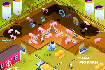 Smart Pig Farm - Isometric Illustration
