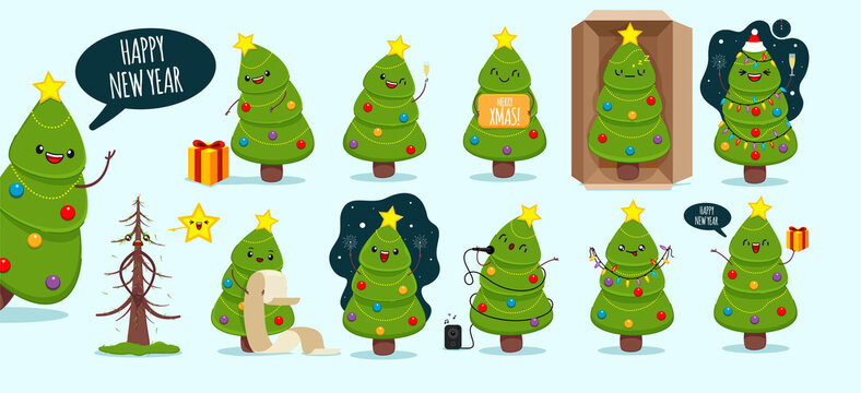Mega Set of cute happy christmas trees with different emotions and face expressions for christma party. Merry christmas trees in cartoon style do different tasks.