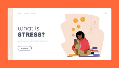 Stress, Anxiety, Loneliness, Frustration Landing Page Template. Young Depressed Upset Woman Sit on Floor Read Messages