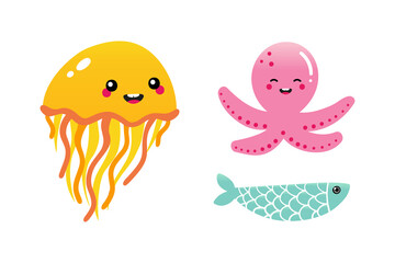 Fototapeta premium Vector cartoon style fish, octopus, jellyfish cute and smiling characters for sea life design. 