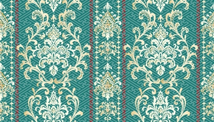 グリーンのオーナメント柄　 クリスマス　ダマスク　シームレス　ビンテージ壁紙　デザイン素材