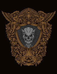 illustration demon skull with engraving ornament style