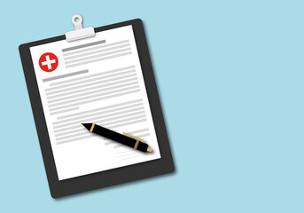 Clipboard with medical documents and pen on pastel blue background. Concept for health insurance, medical report, clinical record and prescription. Space for the text. Paper art design style.