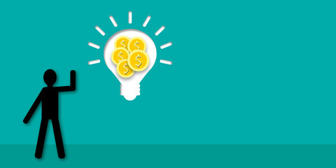 Businessman with light bulb and coins on green background as metaphor for Concept business investment or business idea, investment ideas. Space for the text. Paper art design style.