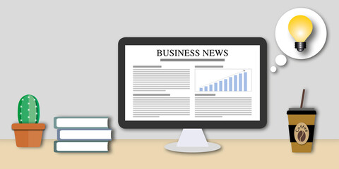 Business news on desktop computers with coffee, light bulb and book on grey background. Concept for Information technology, internet knowledge and news, Business ideas. paper art design style.