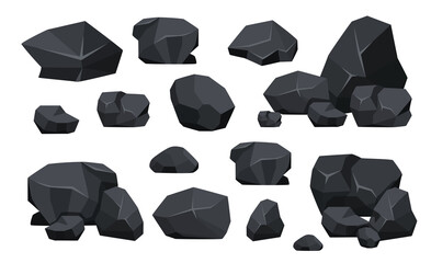 Set of Coal Black Mineral Resources. Fossil Stone Pieces of Polygonal Shapes, Rock Graphite or Charcoal. Energy Resource