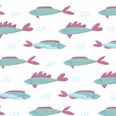 Obraz na płótnie Canvas Childrens hand-drawn seamless pattern with fishes. Patern with cute fish. The pattern is suitable for prints, wrapping paper and banners.