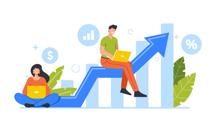 Young Man and Woman Business Characters Work on Laptop Look on Computer Monitor Sitting on Growing Financial Arrow Chart