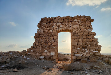 Ruins of the Ottoman railway station. Sunset time. Negev desert in Israel