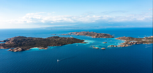 View from above, aerial shot, panoramic view of La Maddalena archipelago with Budelli, Razzoli and...