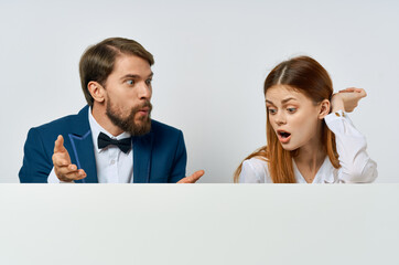 funny man and woman advertising presentation white banner White background