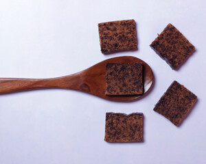Sweet chocolate sponge for breakfast or just as a snack during the day. The sweet taste is very liked by toddlers to adults. Sponge cake has a soft texture. Cake mockup. Focus blur.