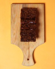 Sweet chocolate sponge for breakfast or just as a snack during the day. The sweet taste is very liked by toddlers to adults. Sponge cake has a soft texture. Cake mockup. Focus blur.