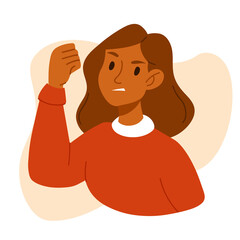 Angry agressive woman portrait. Young girl, female face with raised fist icon. Negative facial expression, rage, protest, meeting, parade. Protesting aggressive person