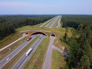 Motorway and eco crossover for fauna. Ecoduct crossing. Aerial. Ecoduct. Wildlife bridge. Wildlife crossing