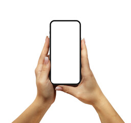 Girl with both hands holding a smartphone with a blank screen
