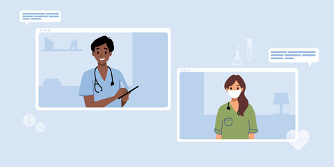 Browser window, computer screen with therapist, hospital staff team. Video call meeting in messenger, online consultation. Banner template. Ask doctor. Medical advise, chat service, telemedicine