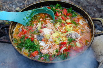 Traditional fisherman's soup over a campfire. Ukha of fish and v