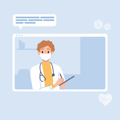 Browser window, computer screen with therapist, hospital staff team. Video call meeting in messenger, online consultation. Banner template. Ask doctor. Medical advise, chat service, telemedicine