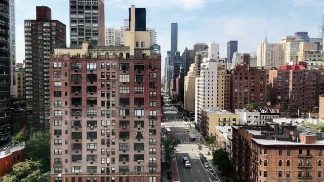 Aerial view of Manhattan New York street canyons while riding in Roosevelt Island Tramway