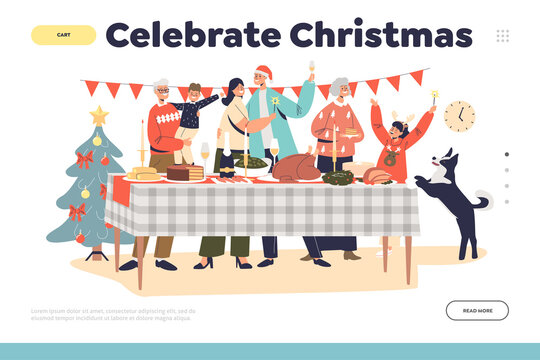 Celebrate christmas concept of landing page with happy family gathering together at decorated table