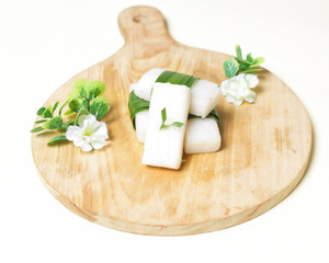 Tetel cake with a savory taste and a slightly rough texture. A traditional snack made from cassava comes from Gunung Kidul. This snack is common at large parties. Traditional snack mockup. Focus blur.