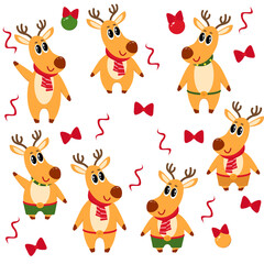 set of cure christmas cartoon deers isolated on white background