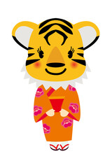 年賀状素材　寅年｜笑顔のシンプルな着物　振袖の虎　漫画　トラ　アイコン　イラスト