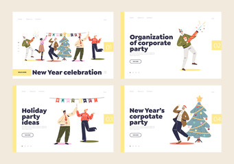 New year corporate party for workers and colleagues landing pages with cheerful coworkers dancing